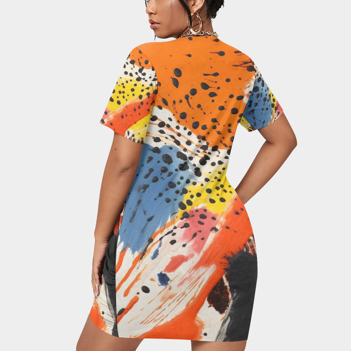 All-Over Print Women’s Stacked Hem Dress With Short Sleeve（Plus Size）