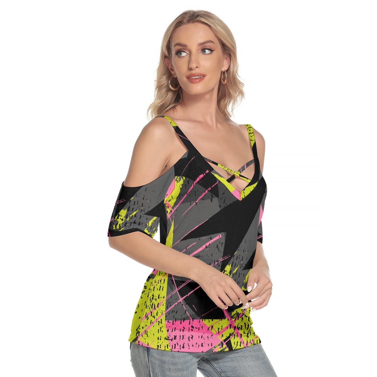 All-Over Print Women's Cold Shoulder T-shirt With Criss Cross Strips