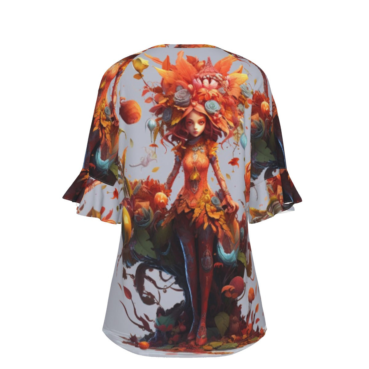 All-Over Print V-neck Women's T-shirt With Bell Sleeve