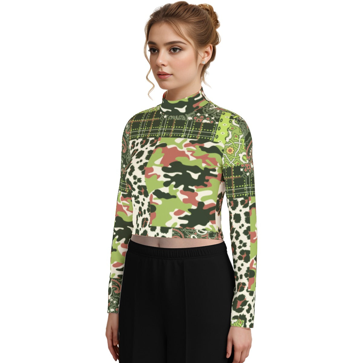 Eco-Friendly All-Over Print Women's Turtleneck T-shirt With Long Sleeve