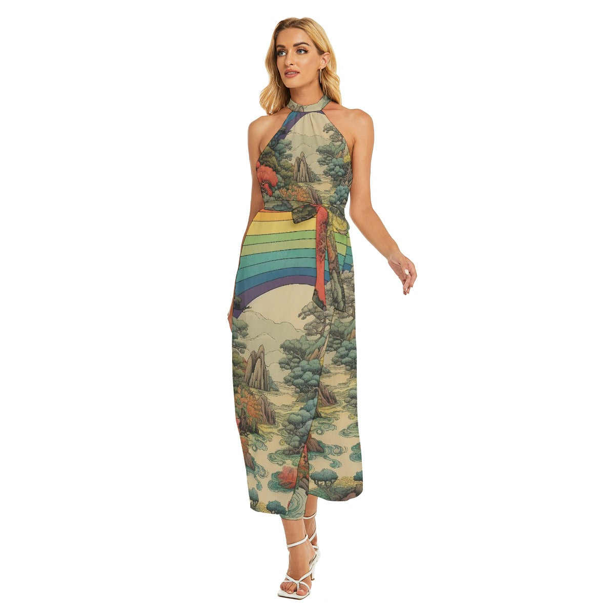 All-Over Print Women's Wrap Hem Belted Halter Dress