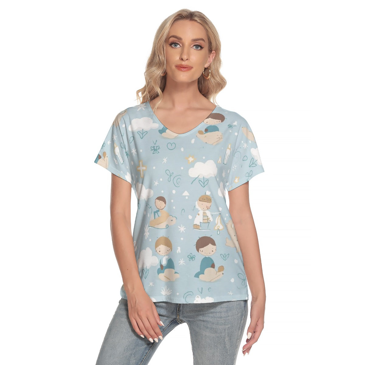 All-Over Print Women's Loose V-neck Short Sleeve T-shirt