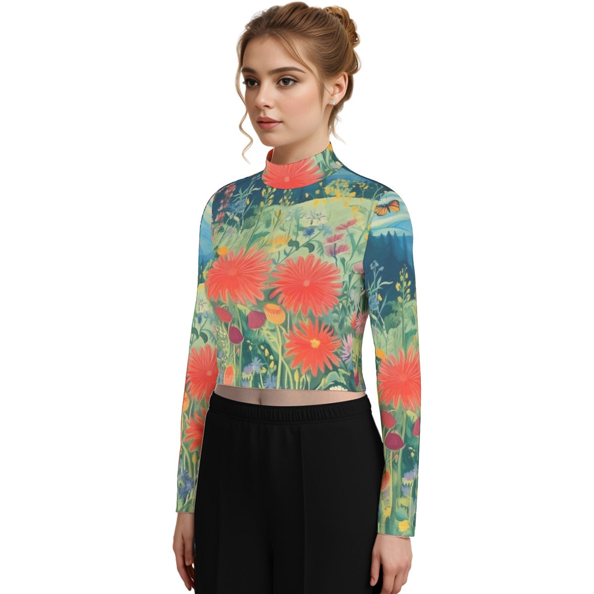 Eco-Friendly All-Over Print Women's Turtleneck T-shirt With Long Sleeve