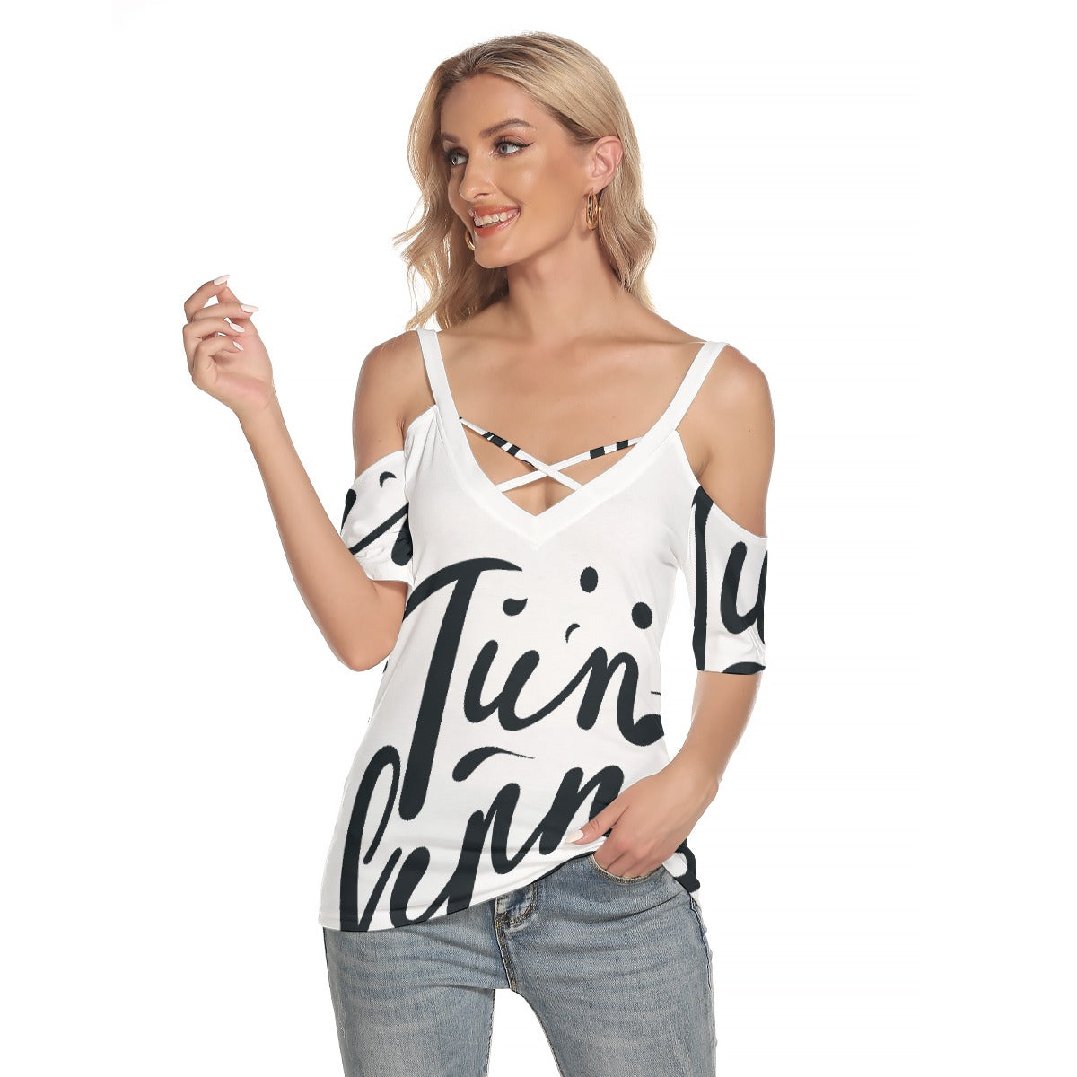 All-Over Print Women's Cold Shoulder T-shirt With Criss Cross Strips