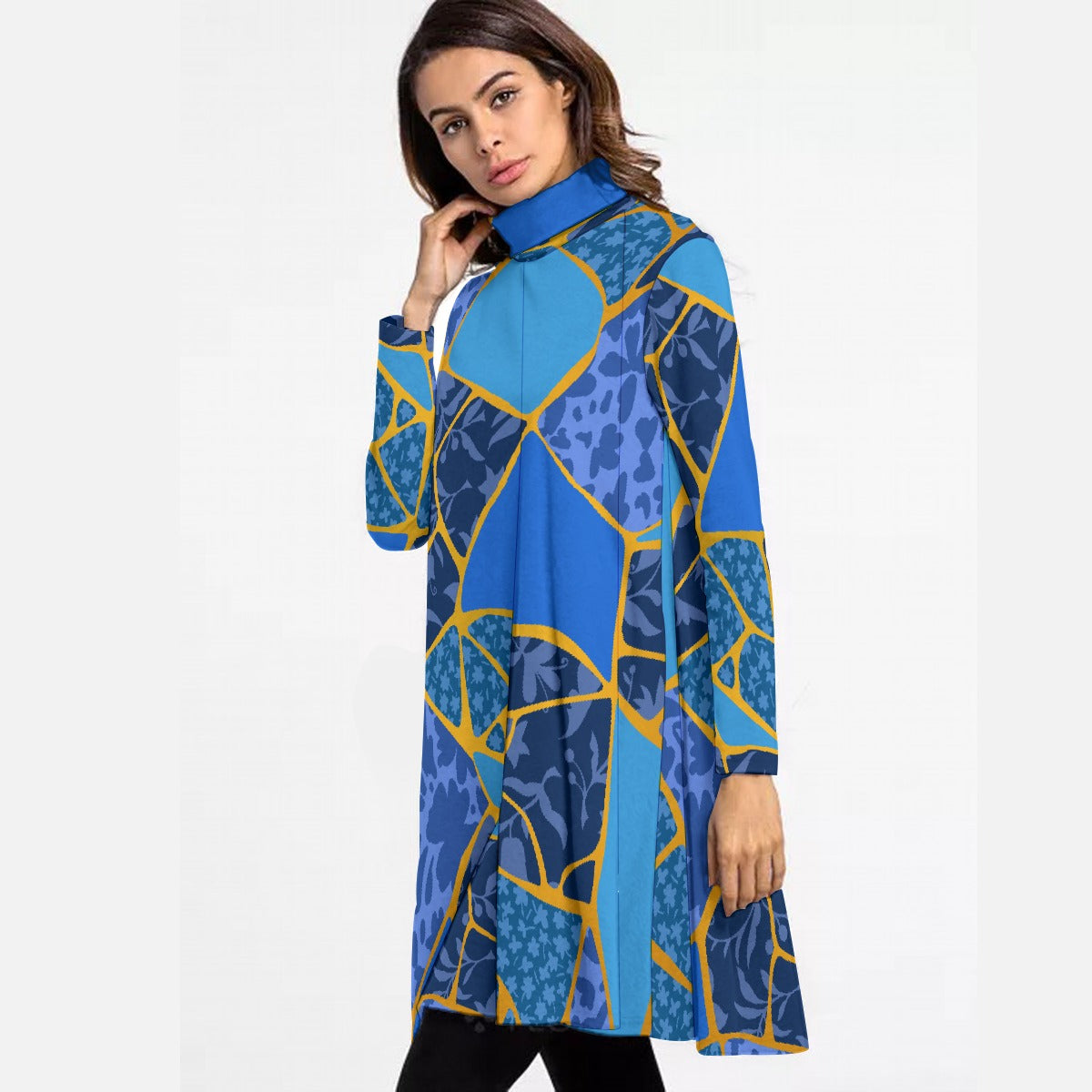 All-Over Print Women's High Neck Dress With Long Sleeve