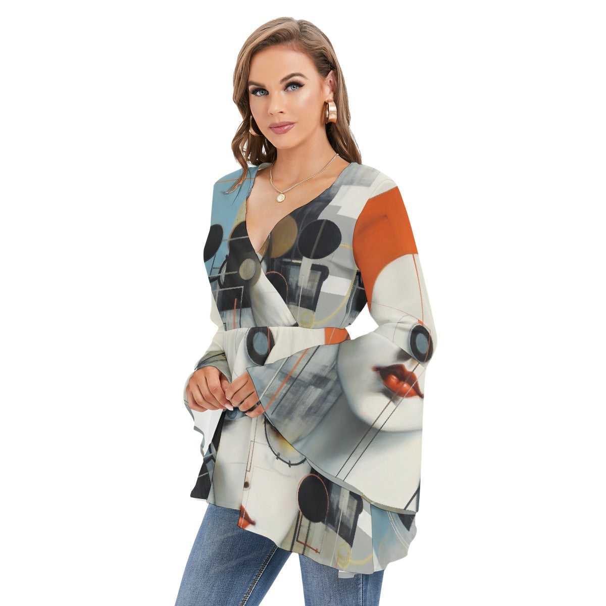 All-Over Print Women's V-neck Blouse With Flared Sleeves