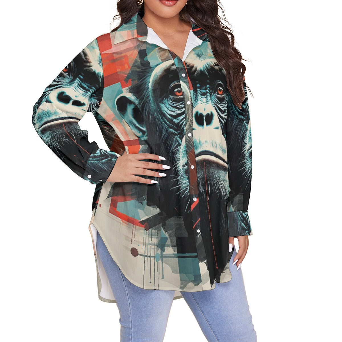 All-Over Print Women's Shirt With Long Sleeve(Plus Size)