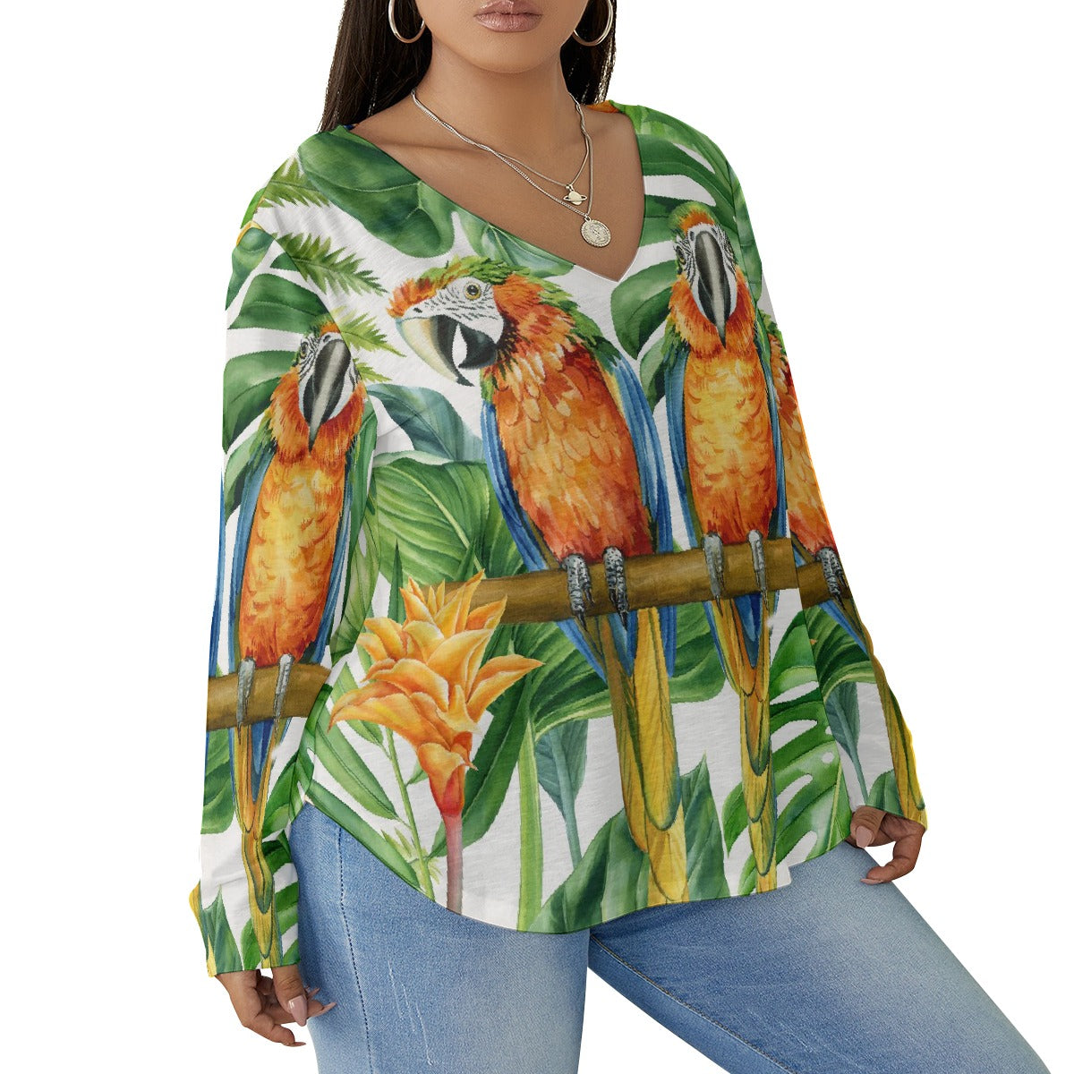 All-Over Print Women's V-neck T-shirt With Curved Hem(Plus Size)