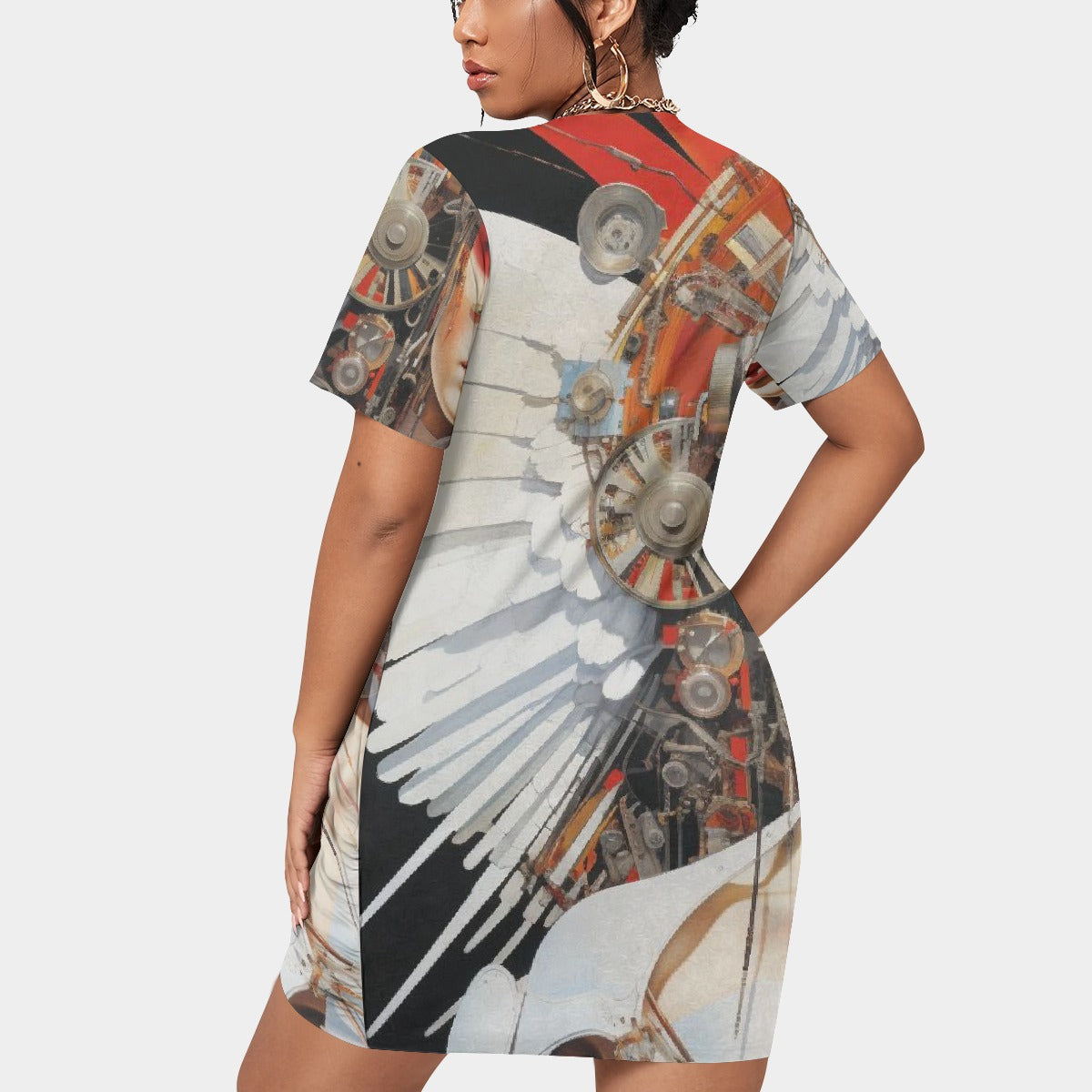 All-Over Print Women’s Stacked Hem Dress With Short Sleeve（Plus Size）