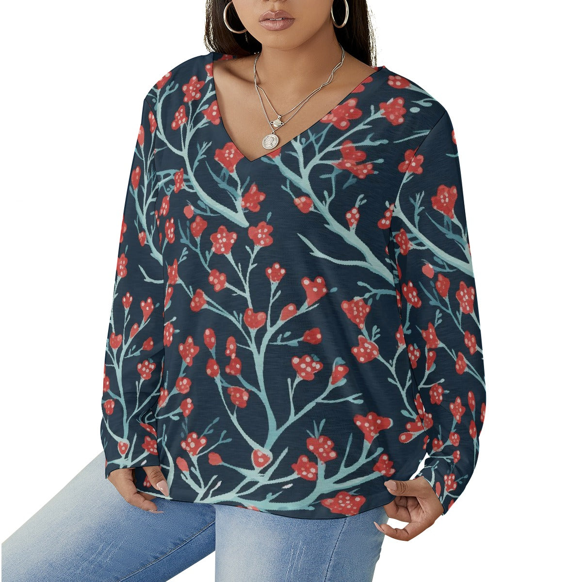 All-Over Print Women's V-neck T-shirt With Curved Hem(Plus Size)