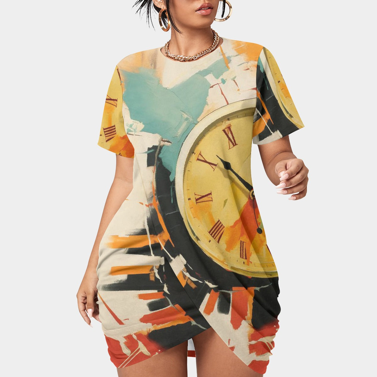 All-Over Print Women’s Stacked Hem Dress With Short Sleeve（Plus Size）