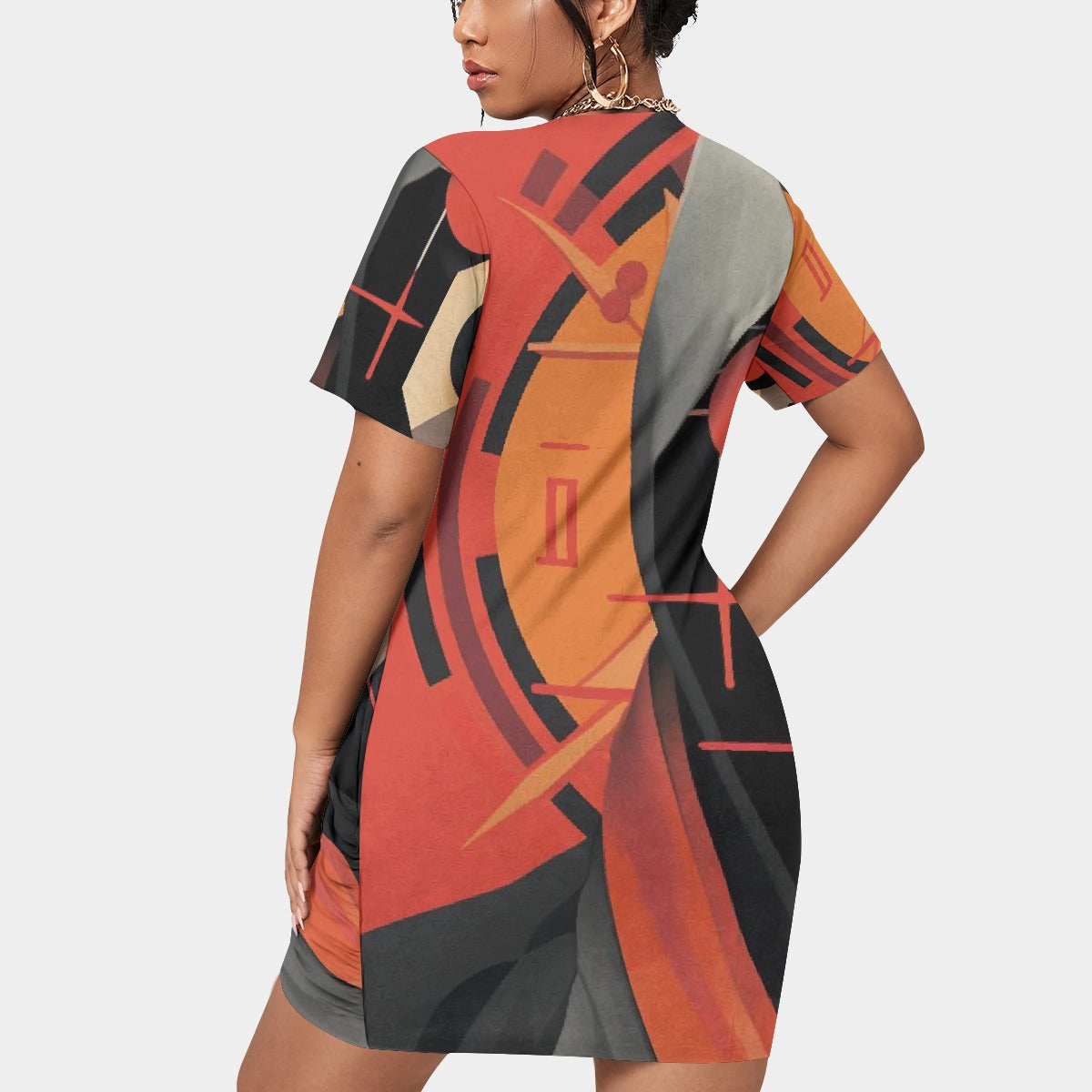 All-Over Print Women’s Stacked Hem Dress With Short Sleeve（Plus Size）