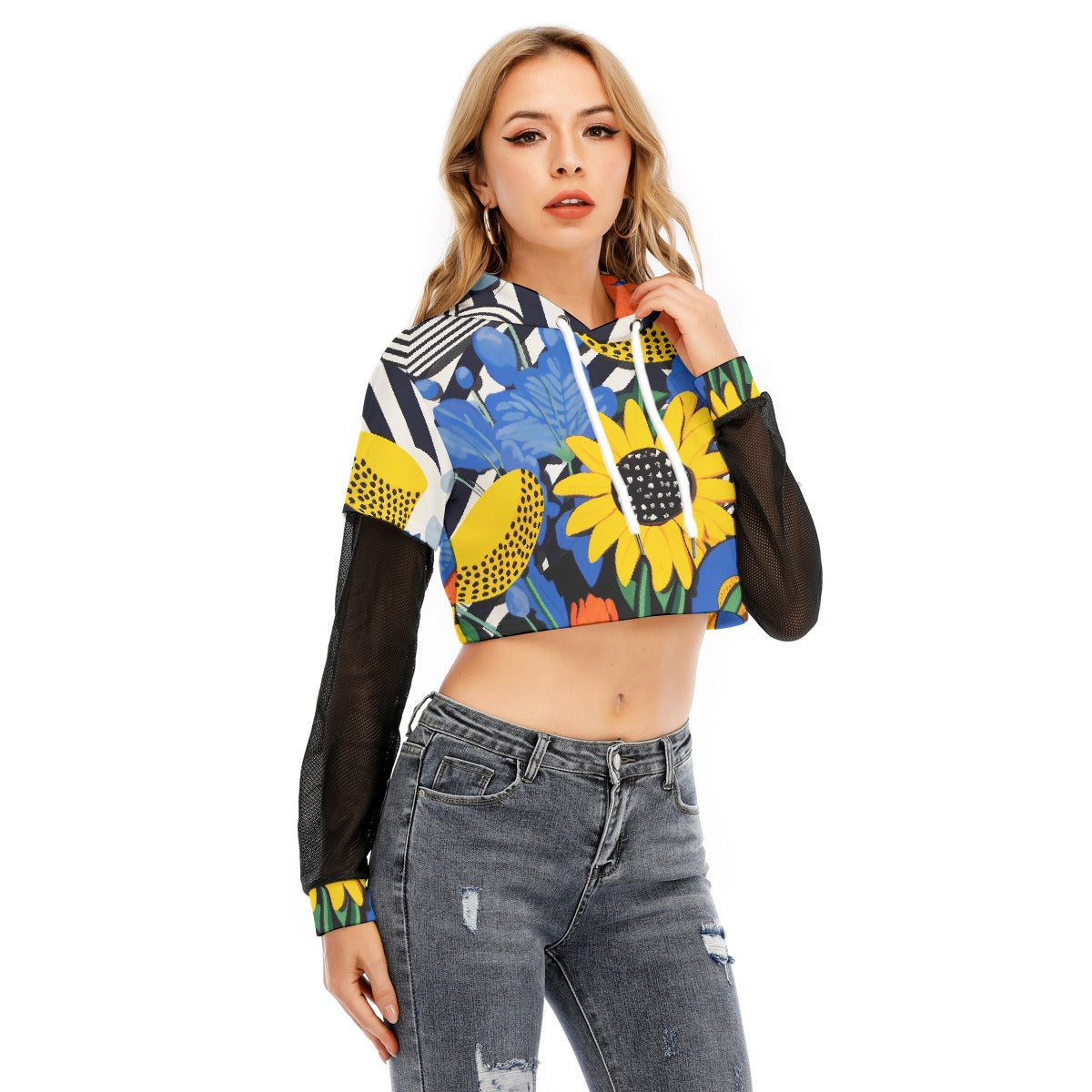 All-Over Print Women's Fake Two-piece Mesh Sleeve Cropped Hoodie