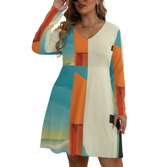 All-Over Print Women's V-neck Long Sleeve Dress(Plus Size)