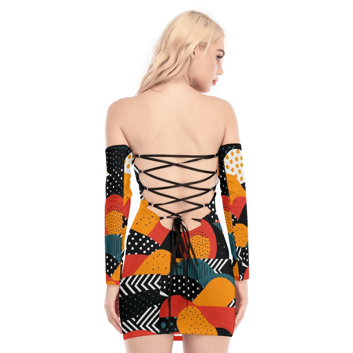 All-Over Print Women's Off-shoulder Back Lace-up Dress