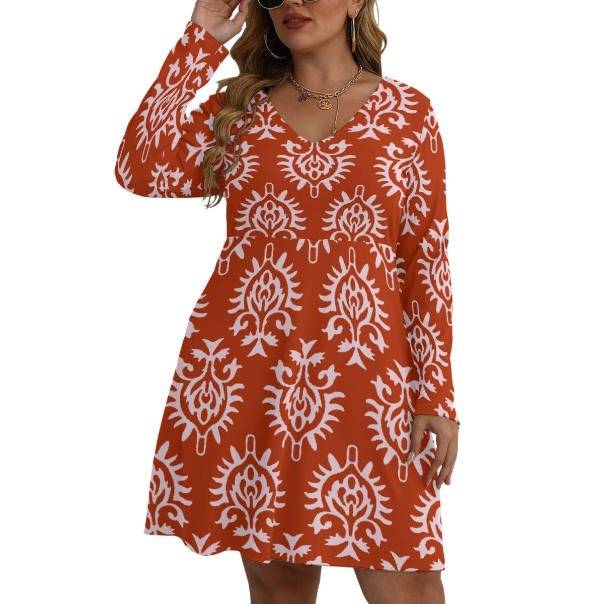 All-Over Print Women's V-neck Long Sleeve Dress(Plus Size)