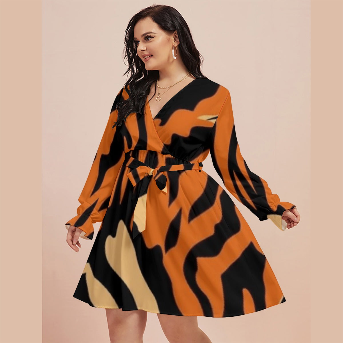 All-Over Print Women's V-neck Dress With Waistband(Plus Size)