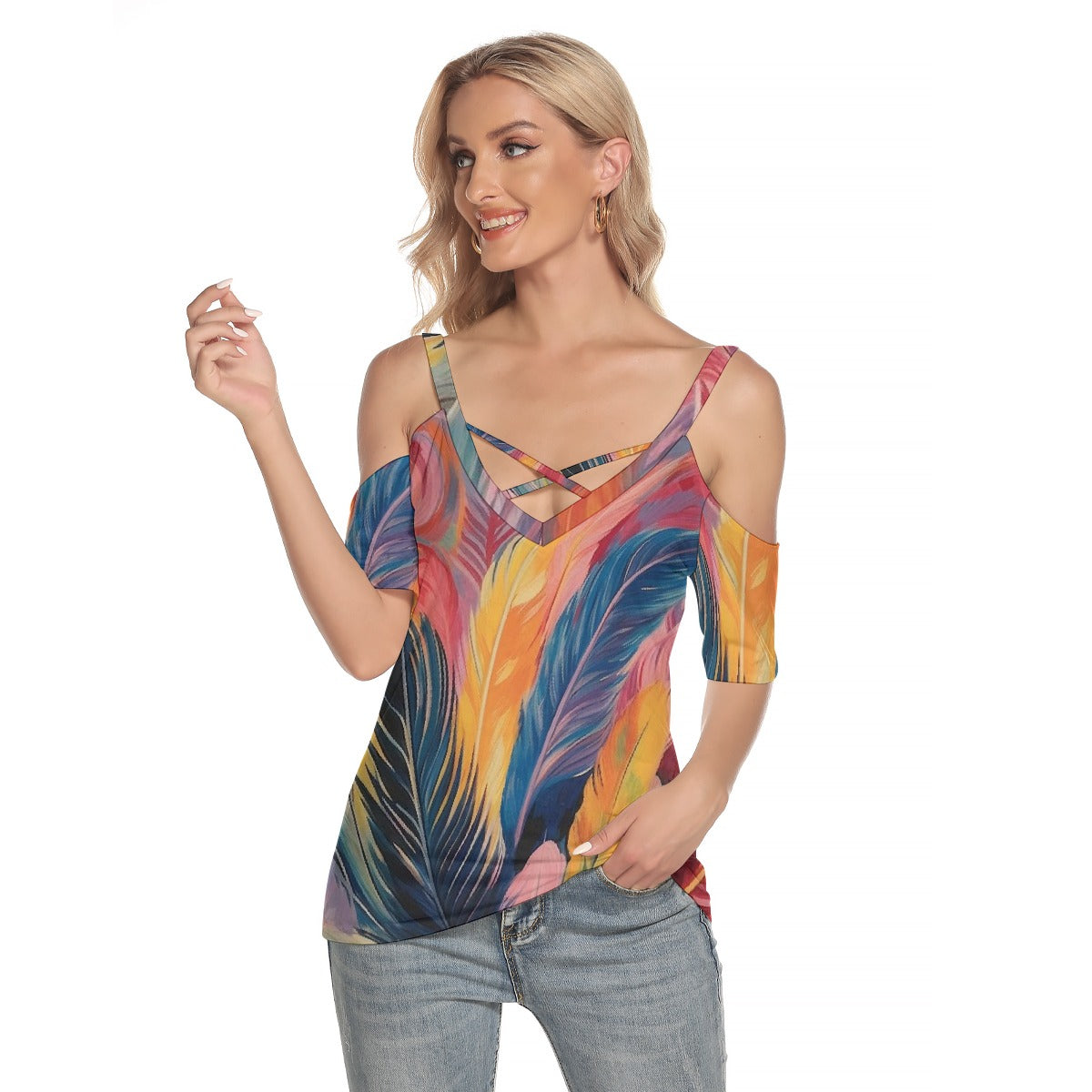 All-Over Print Women's Cold Shoulder T-shirt With Criss Cross Strips