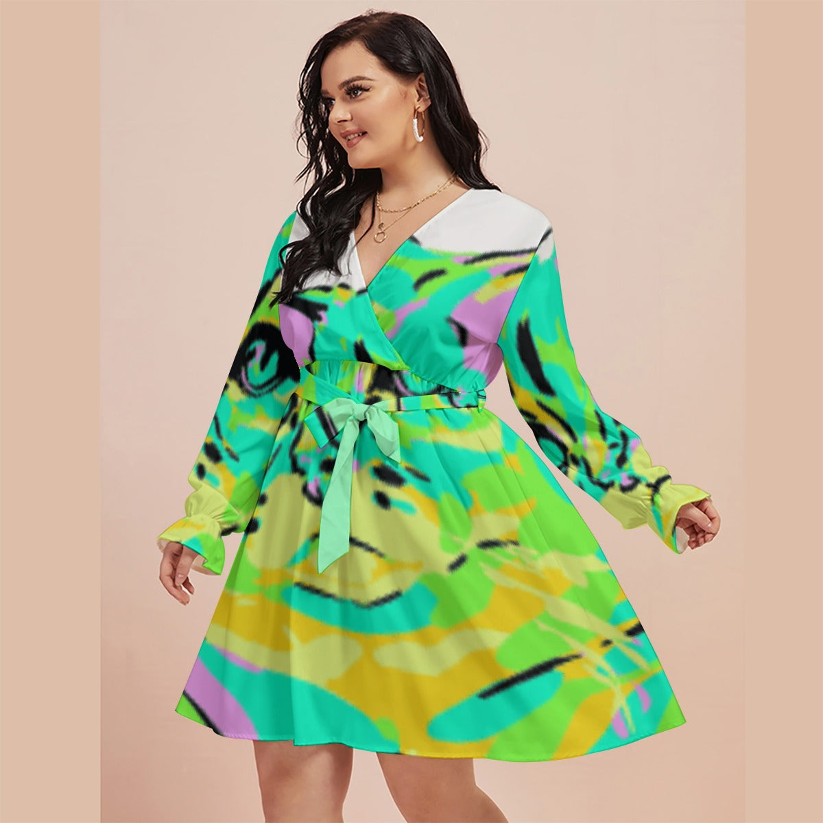 All-Over Print Women's V-neck Dress With Waistband(Plus Size)