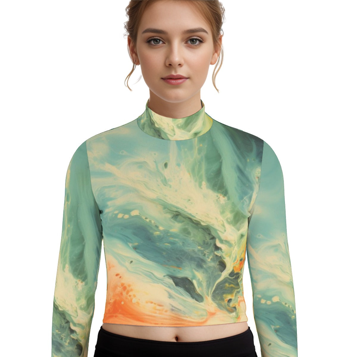 Eco-Friendly All-Over Print Women's Turtleneck T-shirt With Long Sleeve