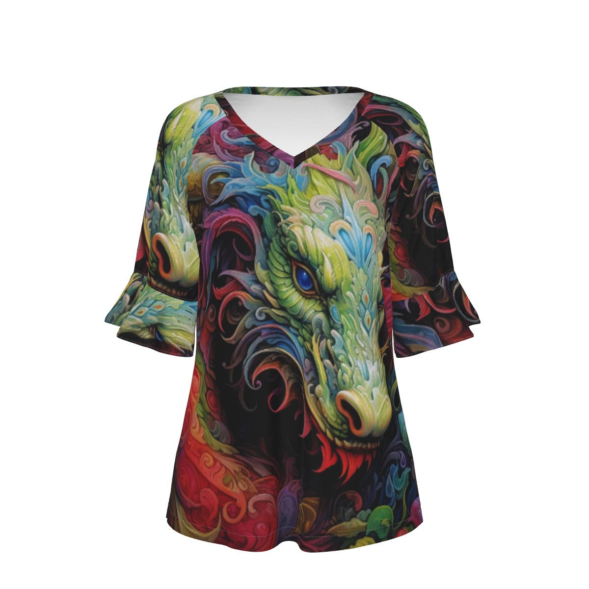 All-Over Print V-neck Women's T-shirt With Bell Sleeve