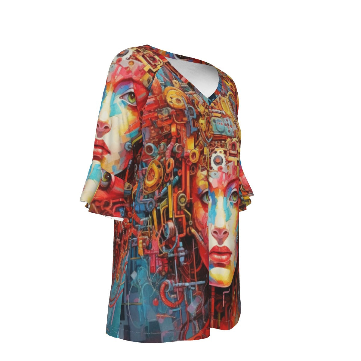 All-Over Print V-neck Women's T-shirt With Bell Sleeve