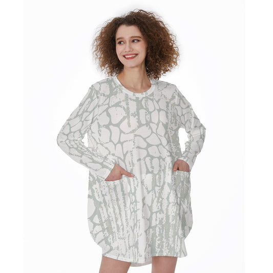 All-Over Print Women's Casual Loose Long Sleeve Dress With Pocket