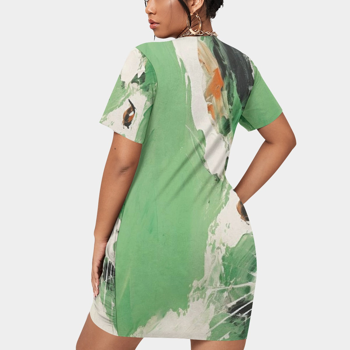 All-Over Print Women’s Stacked Hem Dress With Short Sleeve（Plus Size）