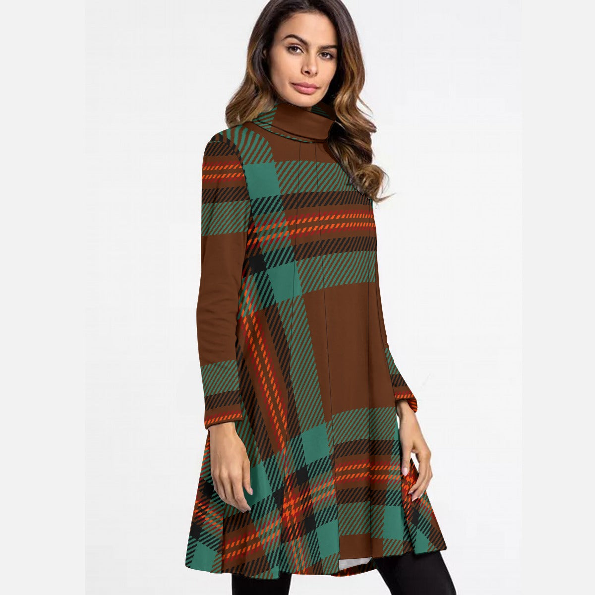 All-Over Print Women's High Neck Dress With Long Sleeve