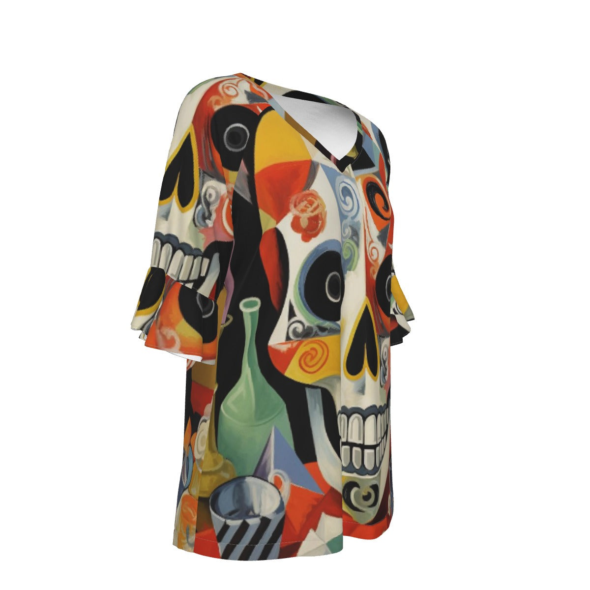 All-Over Print V-neck Women's T-shirt With Bell Sleeve