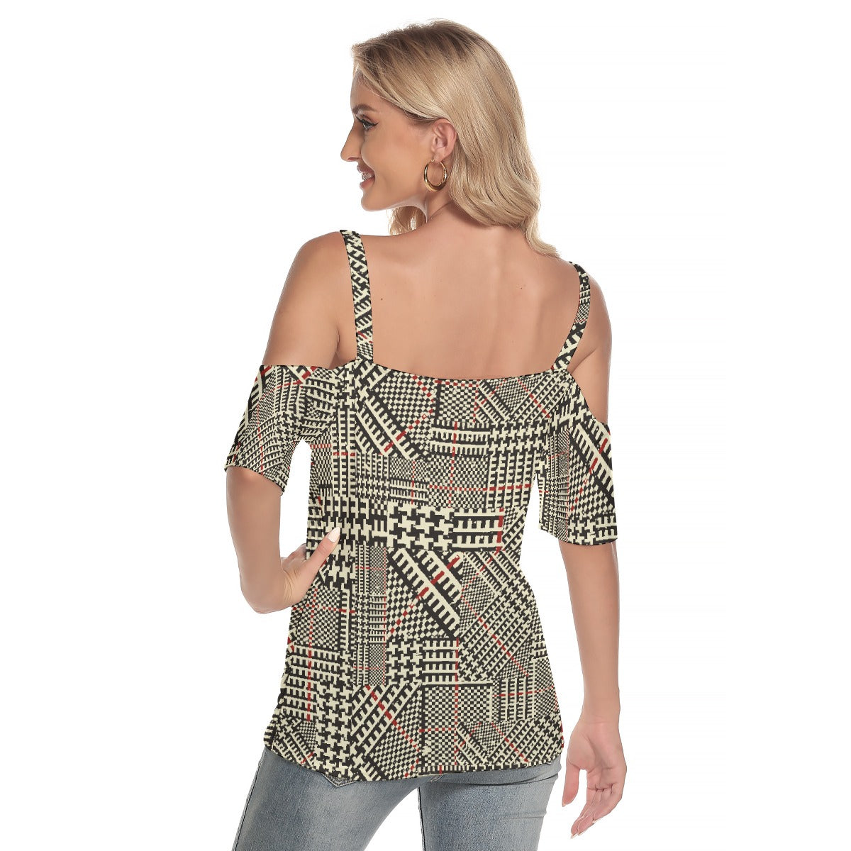 All-Over Print Women's Cold Shoulder T-shirt With Criss Cross Strips