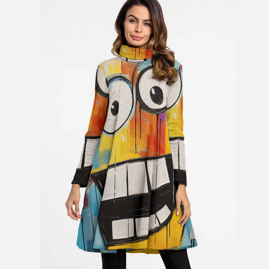 All-Over Print Women's High Neck Dress With Long Sleeve