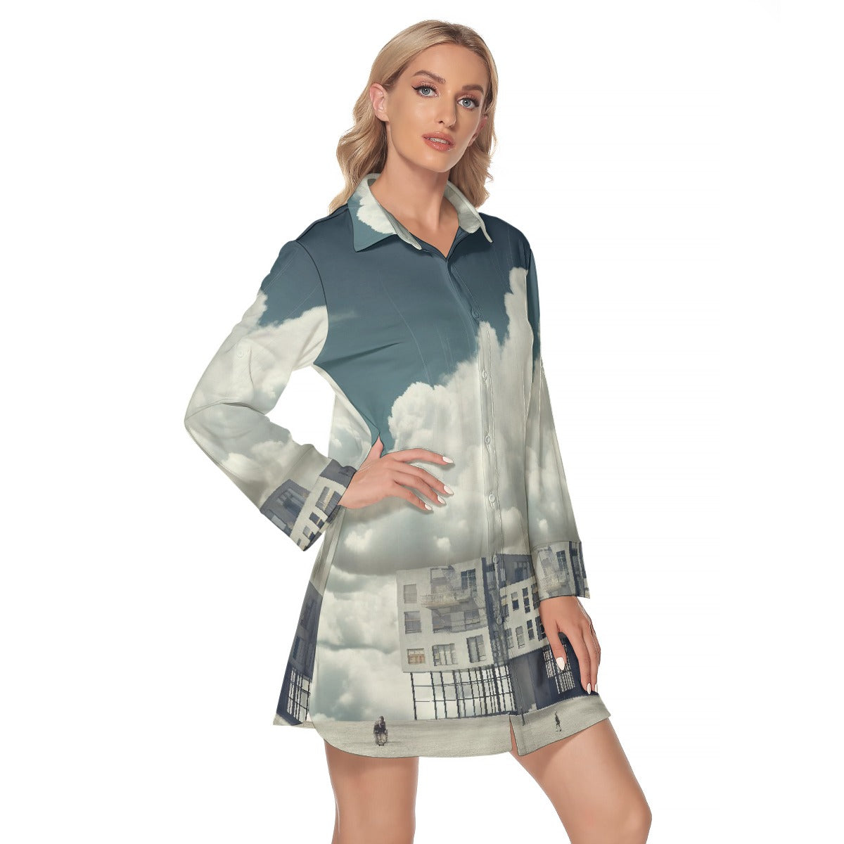 All-Over Print Women's Lapel Shirt Dress With Long Sleeve