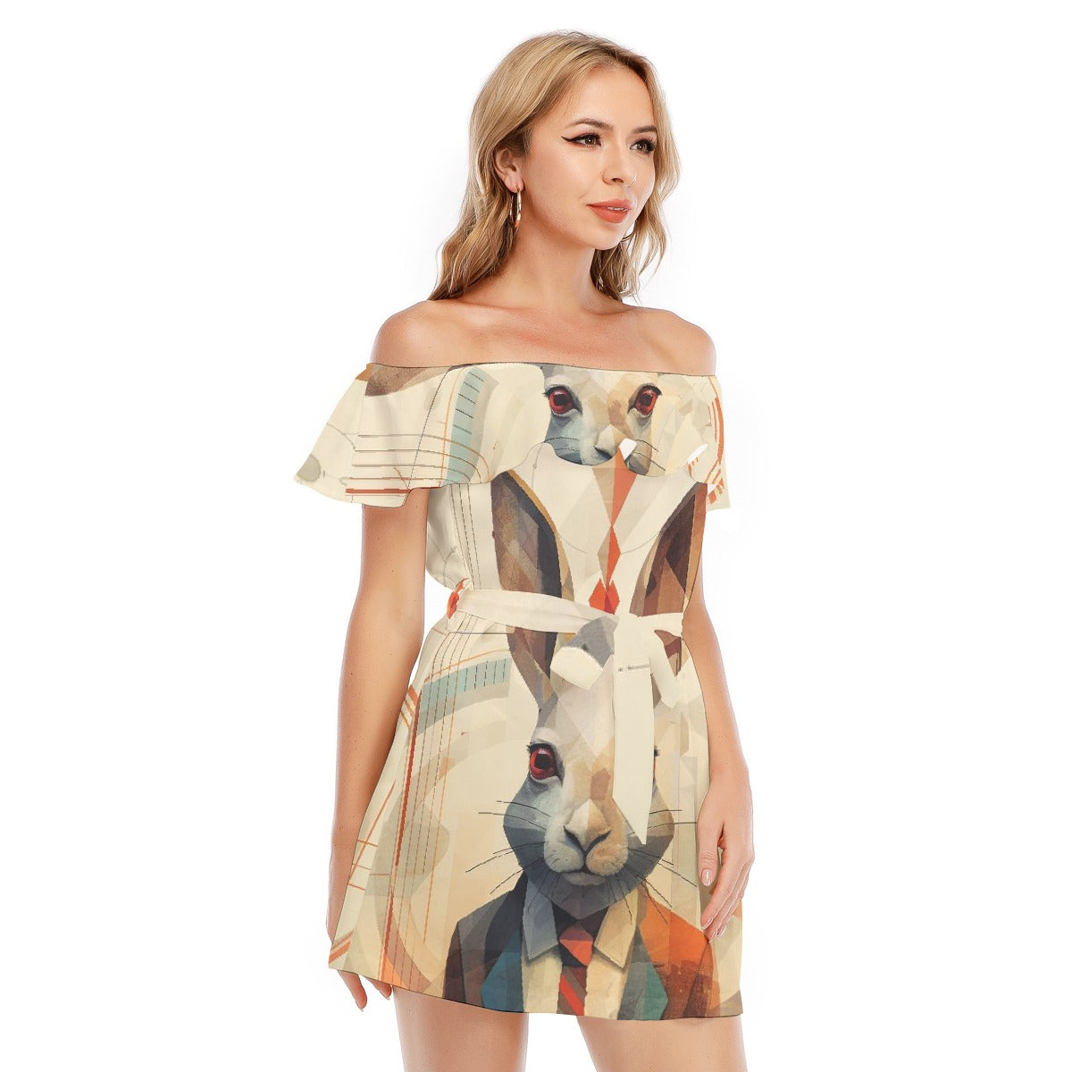 All-Over Print Women's Off-shoulder Dress With Ruffle