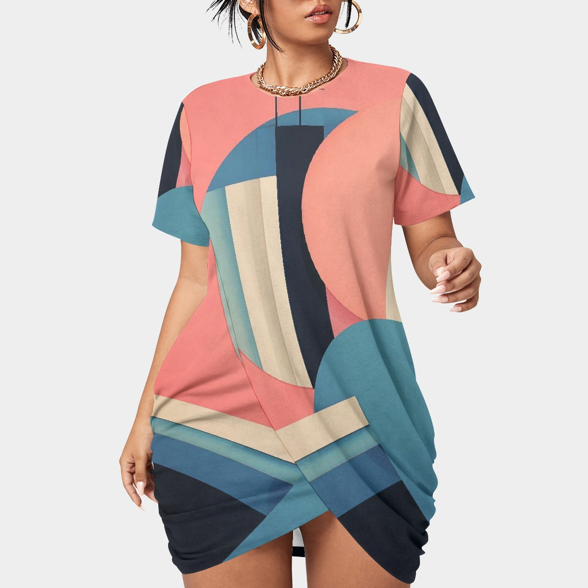 All-Over Print Women’s Stacked Hem Dress With Short Sleeve（Plus Size）