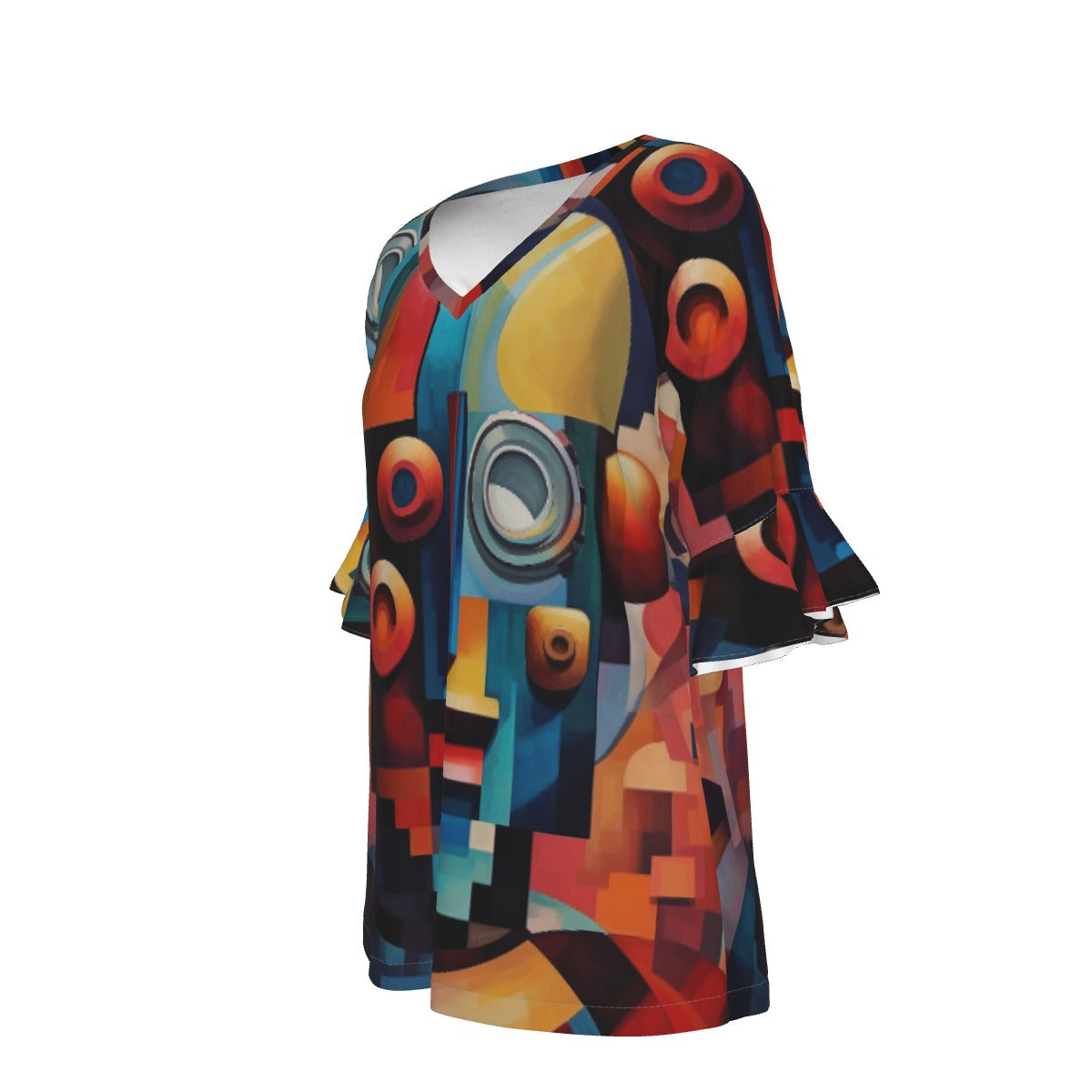 All-Over Print V-neck Women's T-shirt With Bell Sleeve