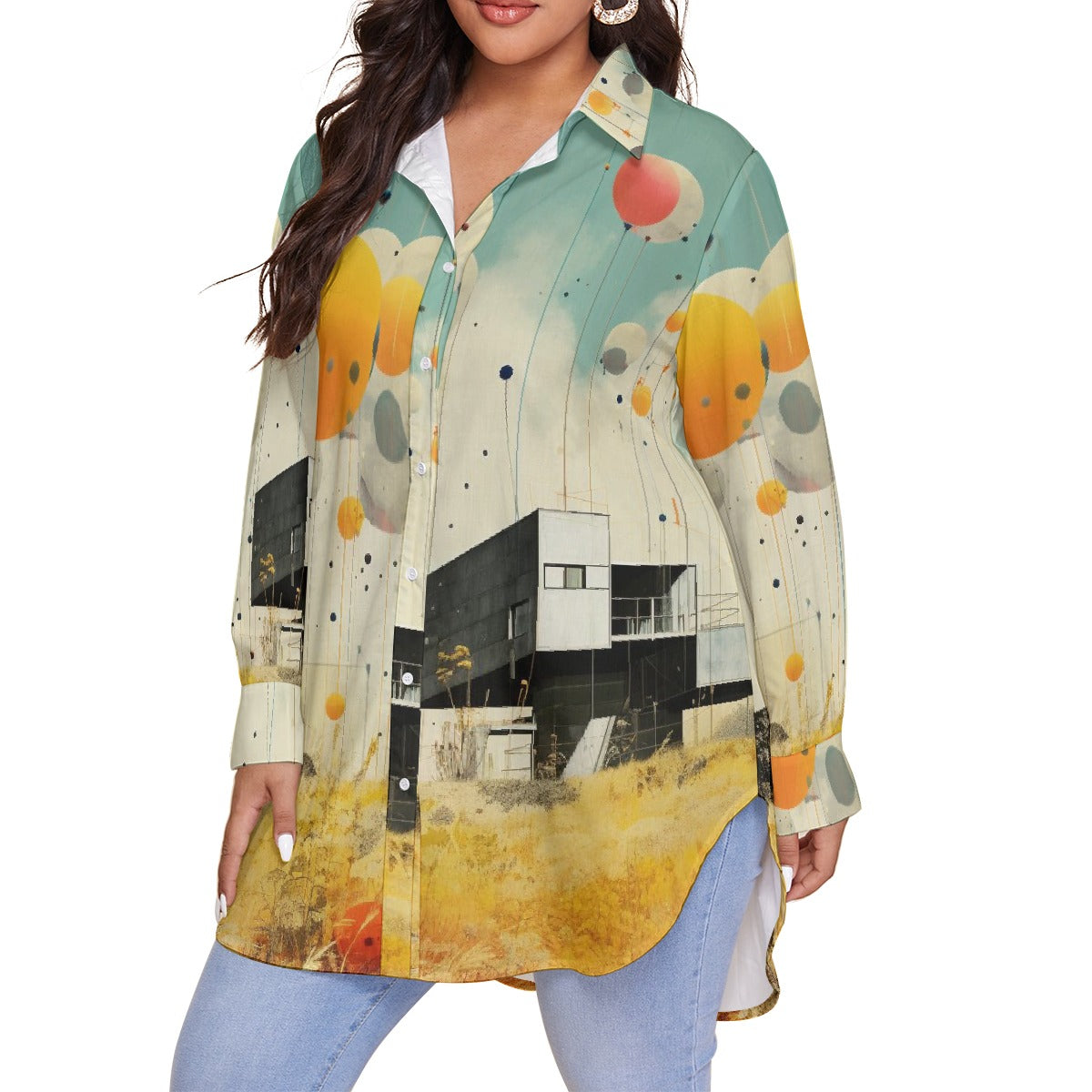 All-Over Print Women's Shirt With Long Sleeve(Plus Size)