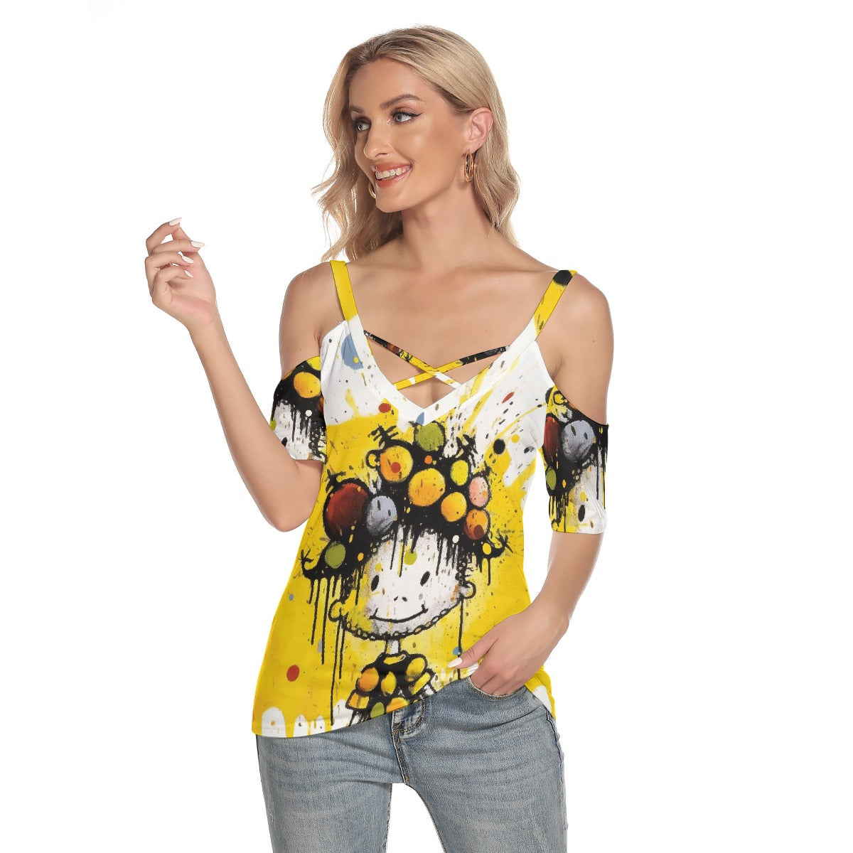 All-Over Print Women's Cold Shoulder T-shirt With Criss Cross Strips