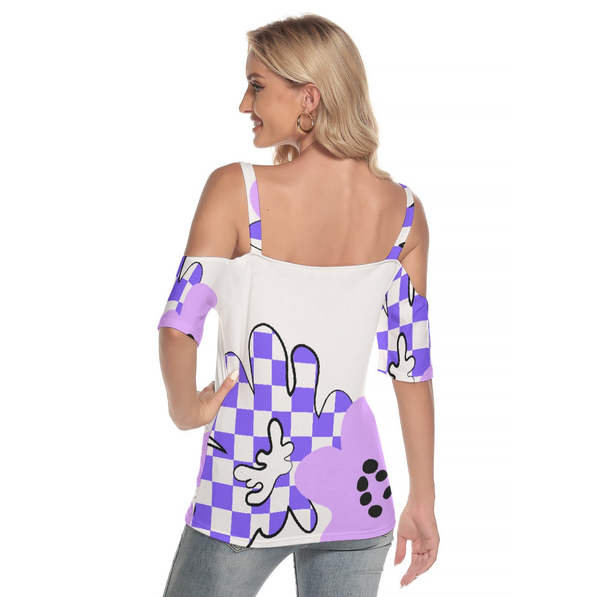 All-Over Print Women's Cold Shoulder T-shirt With Criss Cross Strips