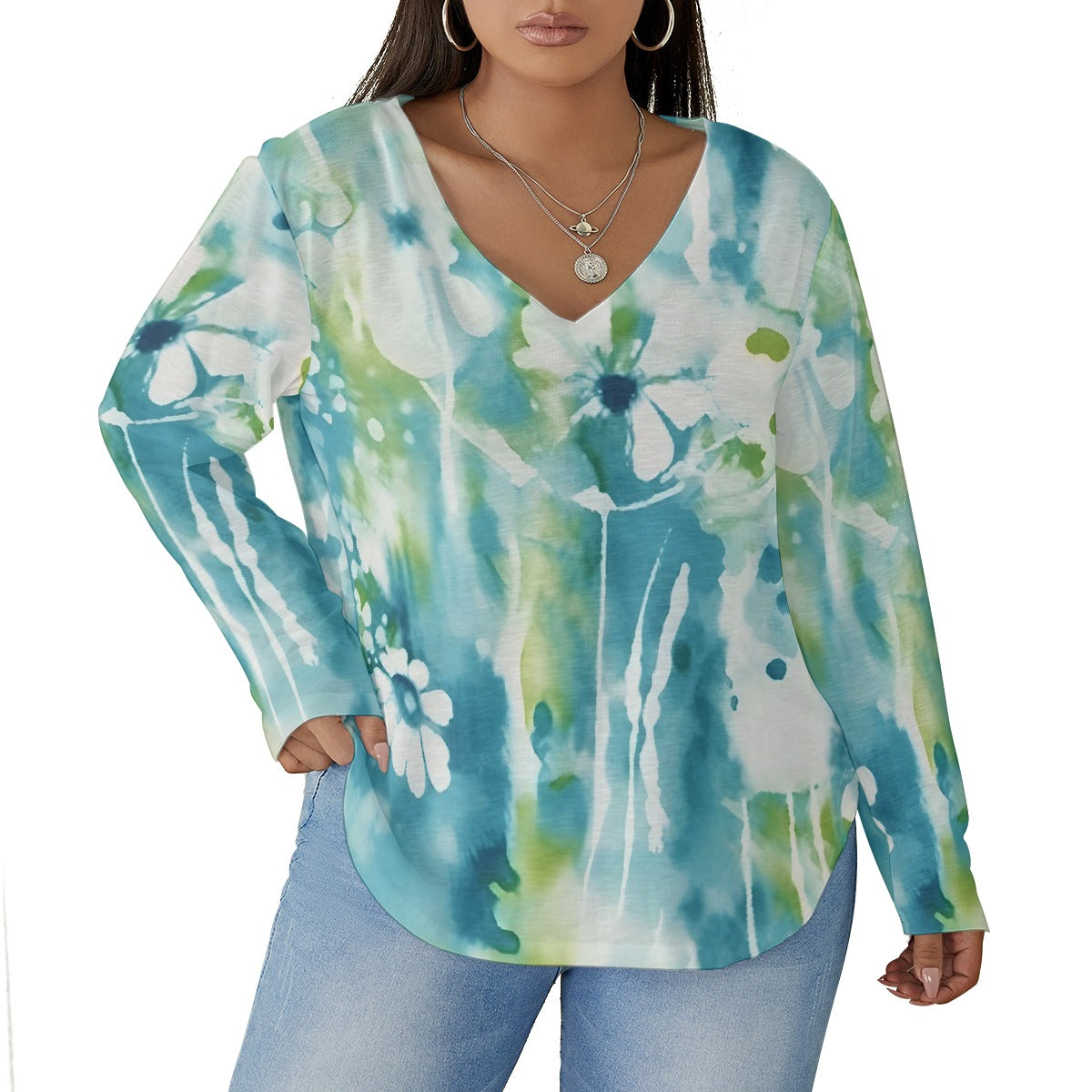 All-Over Print Women's V-neck T-shirt With Curved Hem(Plus Size)