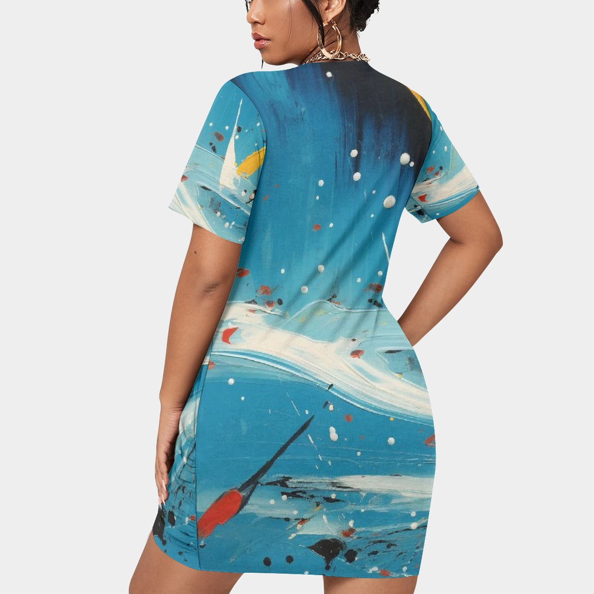 All-Over Print Women’s Stacked Hem Dress With Short Sleeve（Plus Size）