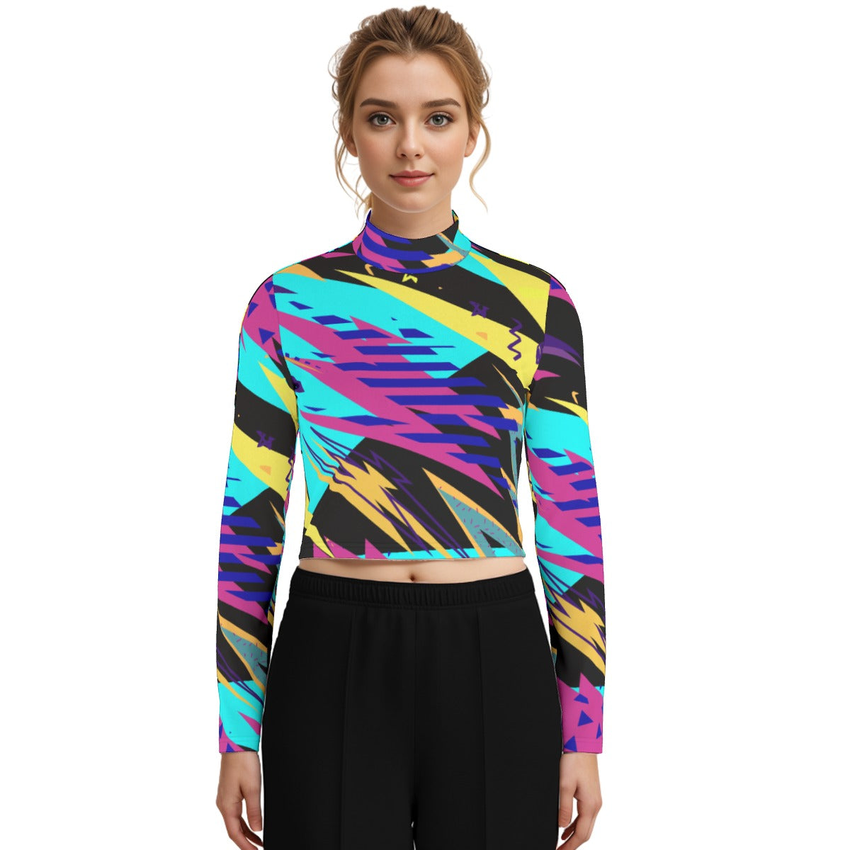 Eco-Friendly All-Over Print Women's Turtleneck T-shirt With Long Sleeve