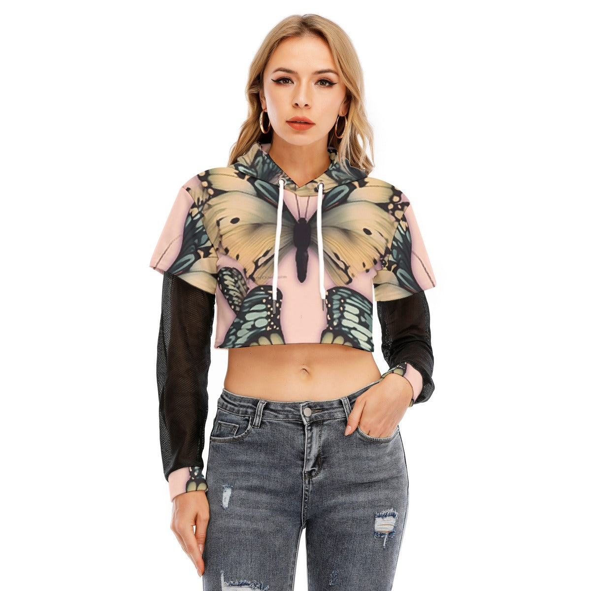 All-Over Print Women's Fake Two-piece Mesh Sleeve Cropped Hoodie