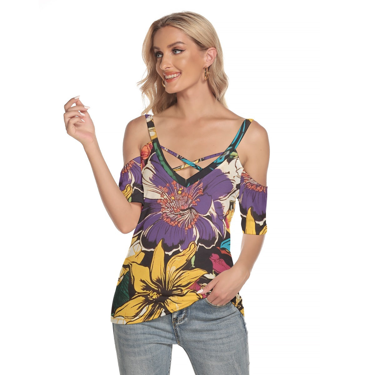 All-Over Print Women's Cold Shoulder T-shirt With Criss Cross Strips