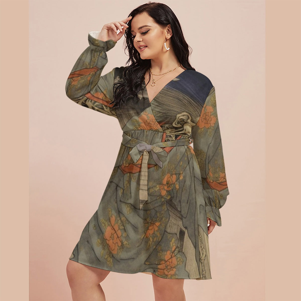 All-Over Print Women's V-neck Dress With Waistband(Plus Size)