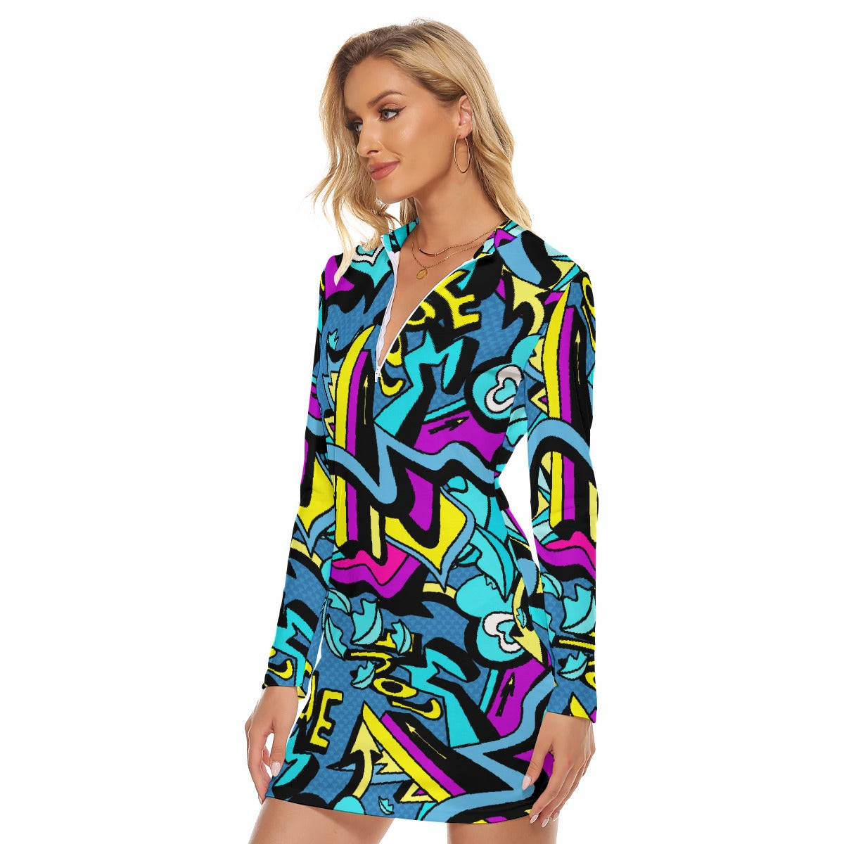 All-Over Print Women's Zip Front Tight Dress