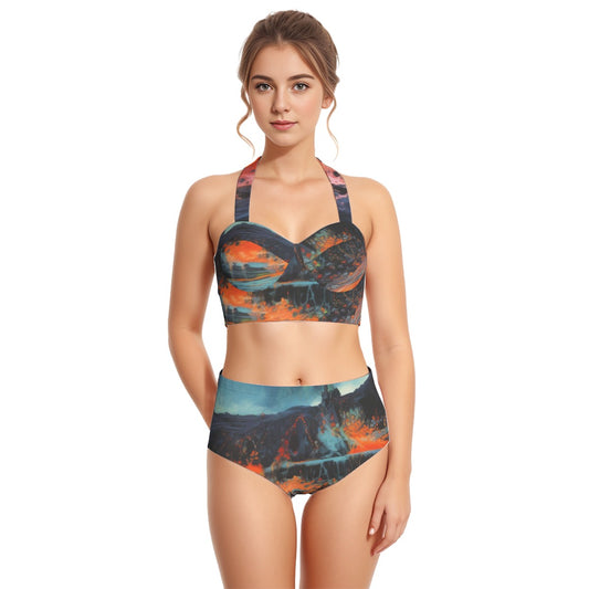 All-Over Print Women's Swimsuit Set With Halter