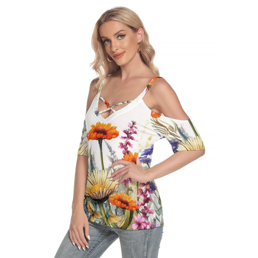 All-Over Print Women's Cold Shoulder T-shirt With Criss Cross Strips