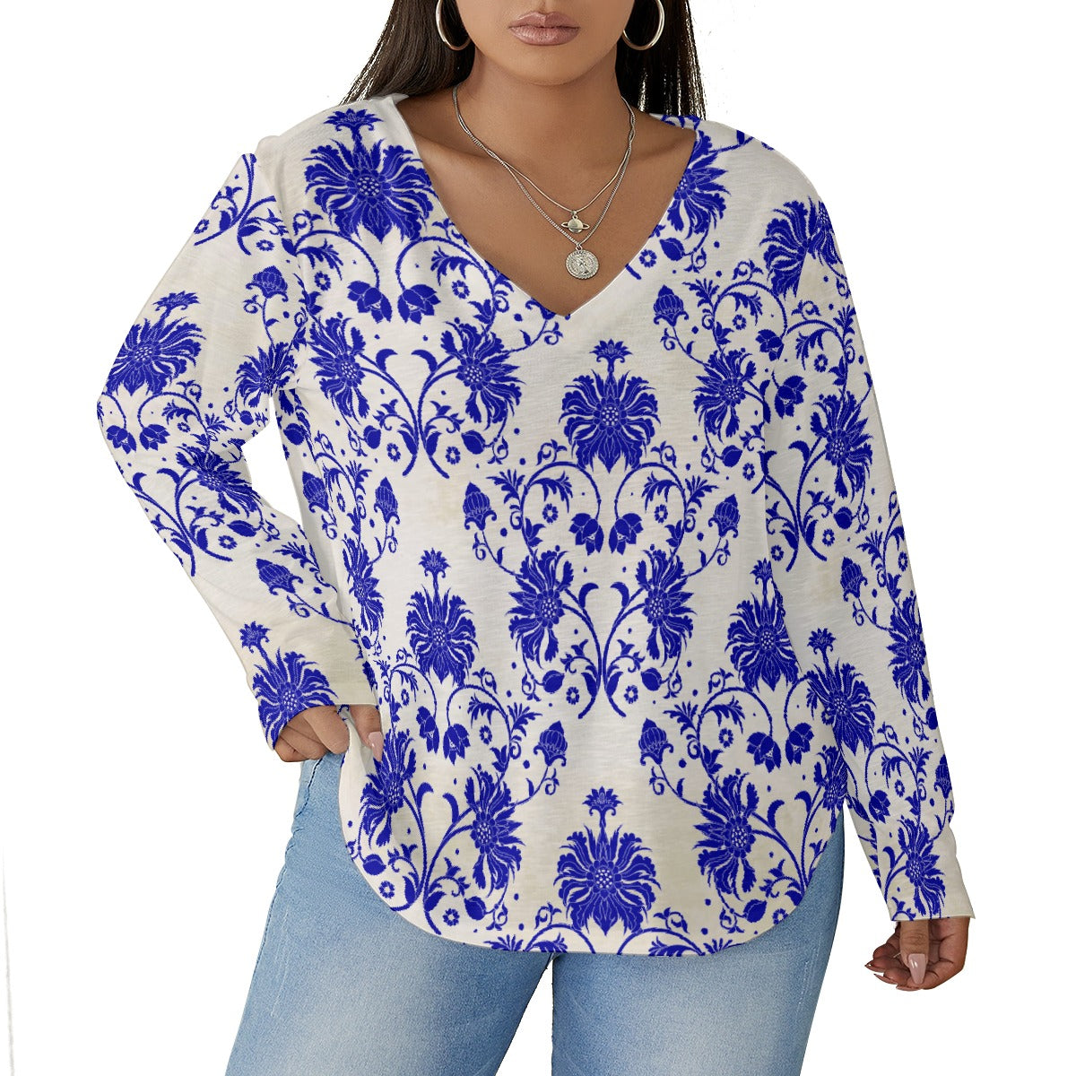 All-Over Print Women's V-neck T-shirt With Curved Hem(Plus Size)