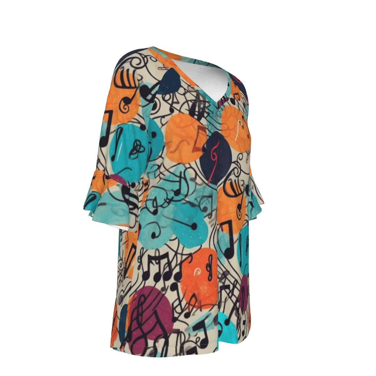 All-Over Print V-neck Women's T-shirt With Bell Sleeve